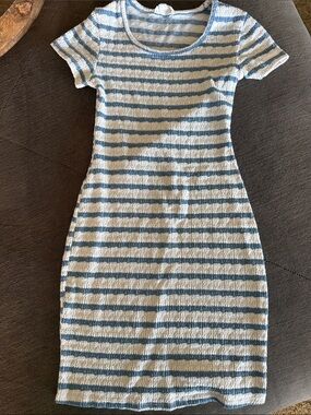 See You Monday Blue and White Striped Knit Mini Dress